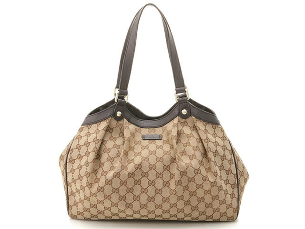 Gucci bag tote GG Beige Cream brown canvas calfskin